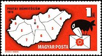 Hongaarse postzegel met postcode-gebieden