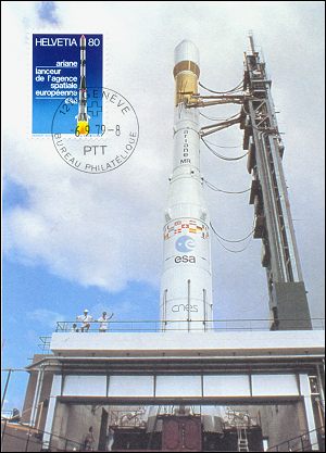 Lancering Ariane op Zwitserse postzegel